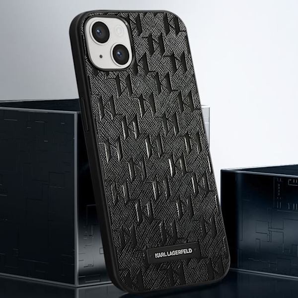 Etui til iPhone 14 - KARL LAGERFELD - Saffiano læderfinish - Art Deco Print - Sort Svart