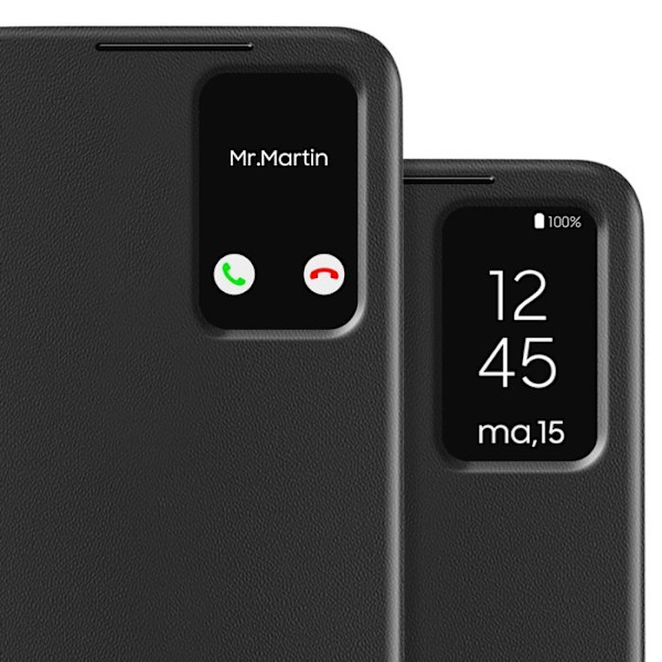 Læderetui til Galaxy S25 og S24 med vinduesvisning og kortlomme i sort Svart