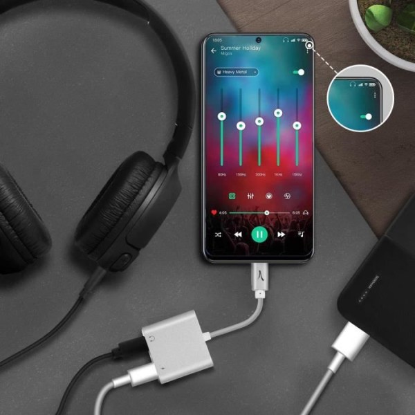 USB-C-ääni- ja lataussovitin USB-C:lle / 3,5 mm:n naarasliitäntä Akashi hopeanharmaa