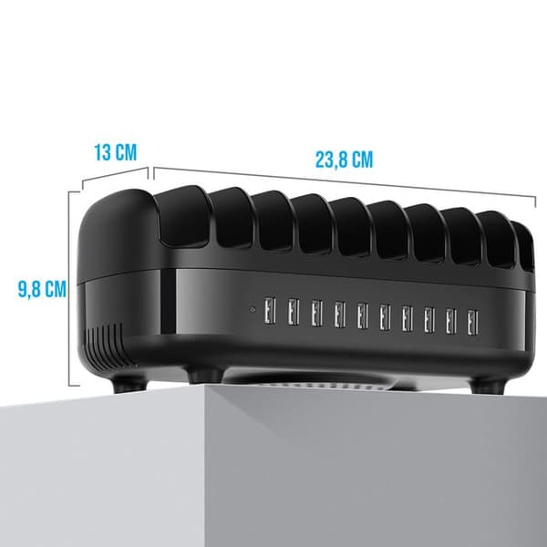 Ladestation 120W 10 USB-porte Stillevif EU-kabel Sort