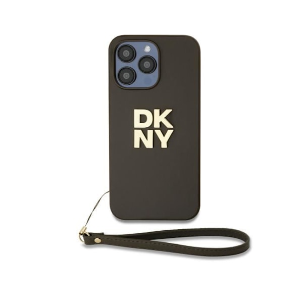 Skyddsfodral för Apple iPhone 15 Pro Max med metalliserad logotyp och DKNY-handledsrem i brunt. kastanj