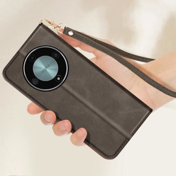 Fodral för Honor Magic 6 Lite 5G - AVIZAR - Flip Wallet Support handledsrem - Mörkgrå Grå