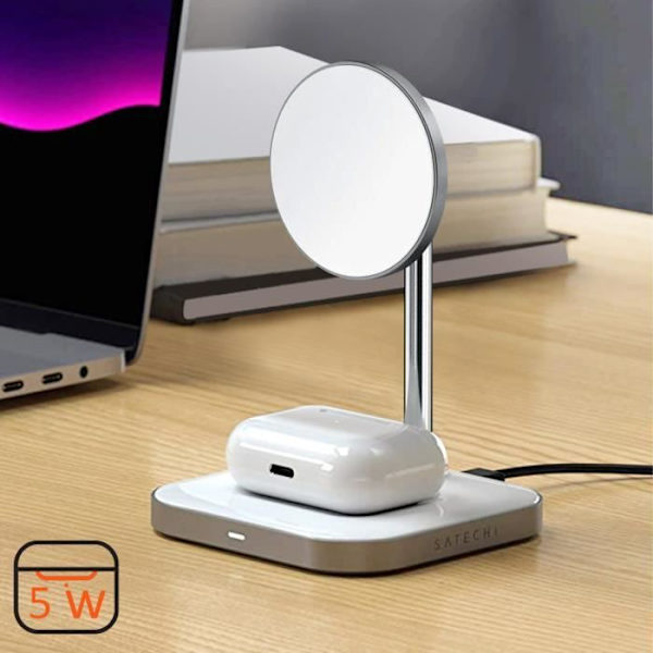 Docki 2 in 1 - SATECHI - MagSafe - 7.5W laturi - 5W langaton tukiasema - Avaruusvaaleanharmaa Grå
