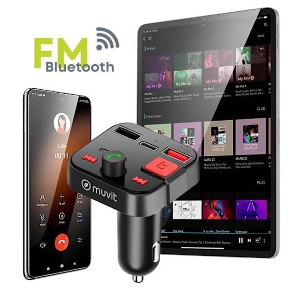 Bluetooth FM-sender - MUVIT - Cigarettænder - USB 3.0 og USB-C-port - Integreret mikrofon - Håndfri Svart