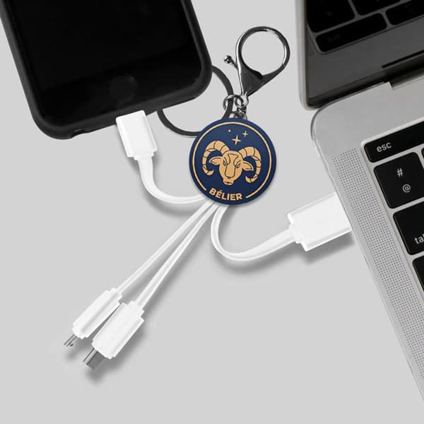 USB 3-i-1 kabel - AVIZAR - YELLO KOKO Vædder - Nøglering - Micro-USB/USB-C/Lightning - 15 cm
