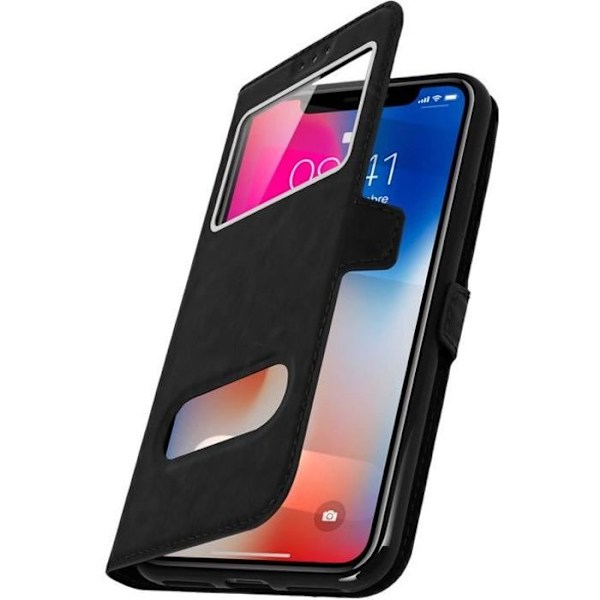 Housse iPhone X / XS - AVIZAR - Etui Dobbelt Vindue - Øko-læder - Fuld Beskyttelse - Standfunktion svart