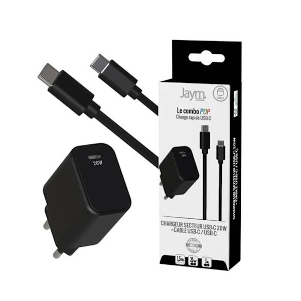 Laturipaketti USB-C:stä USB-C:hen PD 20W 1,5m Jaym Musta Svart