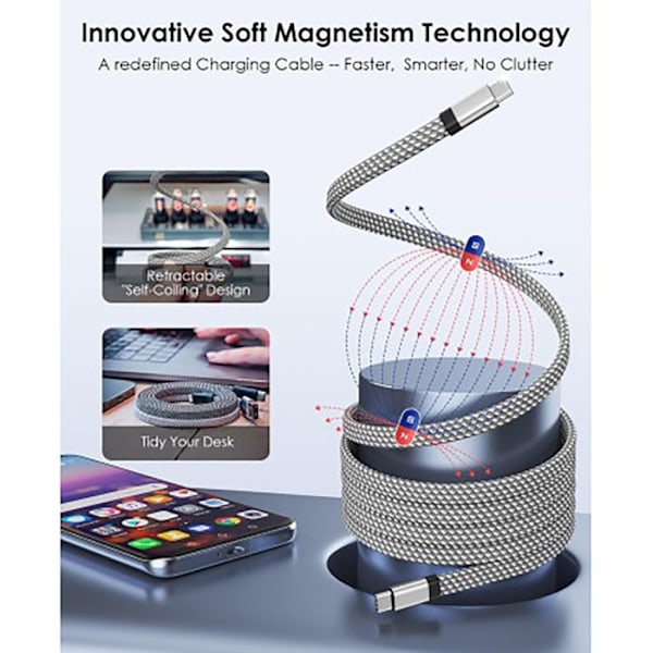"Magnetinen USB-C USB-C 60W Tasainen 1,5m Lataus Synkronointi Nopeasti Erittäin Kestävä Jaym Harmaa" Grå