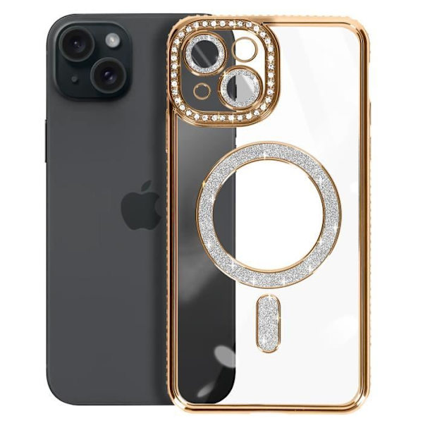 Diamantfodral till iPhone 15 MagSafe Protection Rhinestone Contour Gold Gul