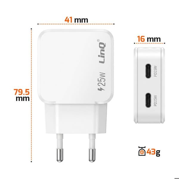 Universal USB-C Dobbeltport Oplader 25W Power Delivery LinQ Hvid Vit