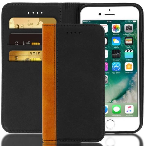 iPhone 7 och 8-fodral - AVIZAR - Folio-fodral - Ekologisk läder - Kortfack - Stödfunktion svart Svart
