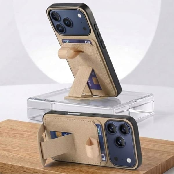 iPhone 17 Pro Fodral med Tyg Effekt och Stöd samt Kortfack Kaki Grön