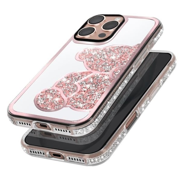 iPhone 16 Pro Max Fodral - AVIZAR - Glitter Teddy Bear Design - Shiny Rhinestone Outline - Rosa Rosa