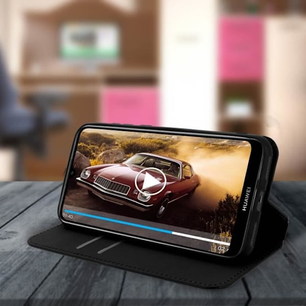 Housse - AVIZAR - Honor 8A / Huawei Y6 2019 - Folio Portefeuille Etui - Øko-læder - Sort Svart