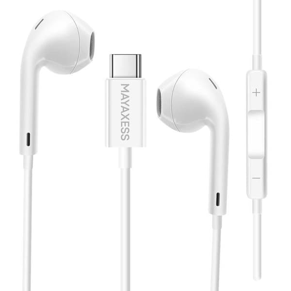 Öronproppar - MAYAXESS - Galaxy S25 FE - USB-C - Inbyggd mikrofon - Optimal komfort Vit