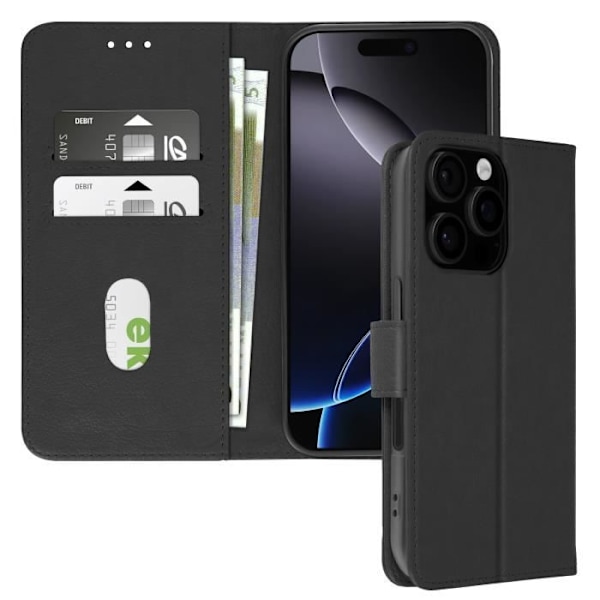 iPhone 16 Pro Max Etui - AVIZAR - Portefølje med Klap - Video Støtte - Sort Vegansk Læder - Semi-stift Svart