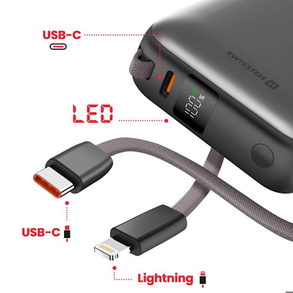 Extern Batteri 10000mAh med USB-C och Lightning-kablar Ultra-kompakt Swissten Silver Grå