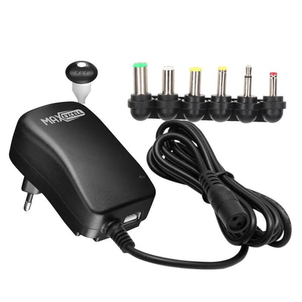 Adapter - MAX EXCELL - Max excell Sort - 30W - Justerbar Spænding 3-12V - USB Inkluderet Svart