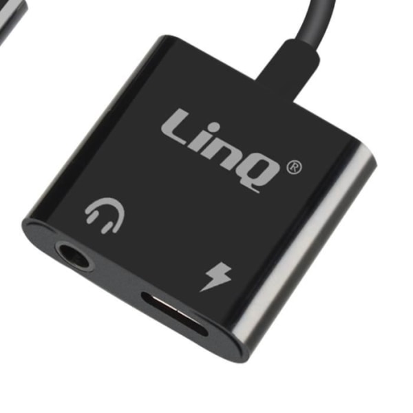 LinQ USB-C til 3,5 mm lydstik og USB-C hun-opladningsadapter Sort