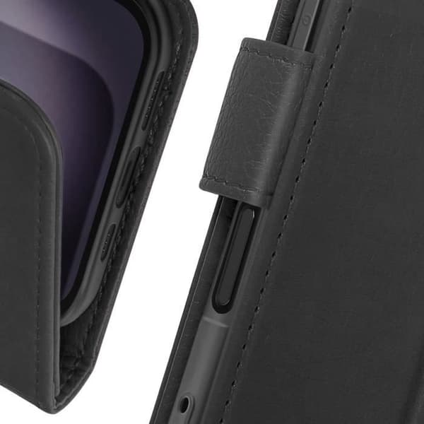 Plånboksfodral - AVIZAR - iPhone 16 Plus - Svart Veganskt Läder - Videostöd - Halvstyv Svart