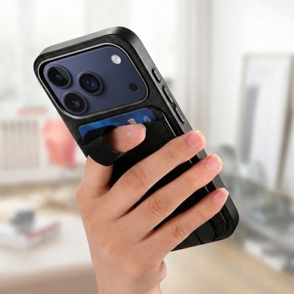 iPhone 17 Pro Cover med Stofeffekt, Støtte og Kortholder i Sort Svart