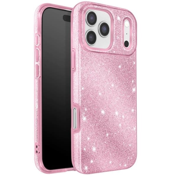 Skal för iPhone 17 Pro, Bimaterialdesign och Glittrande Rosa Yta Rosa