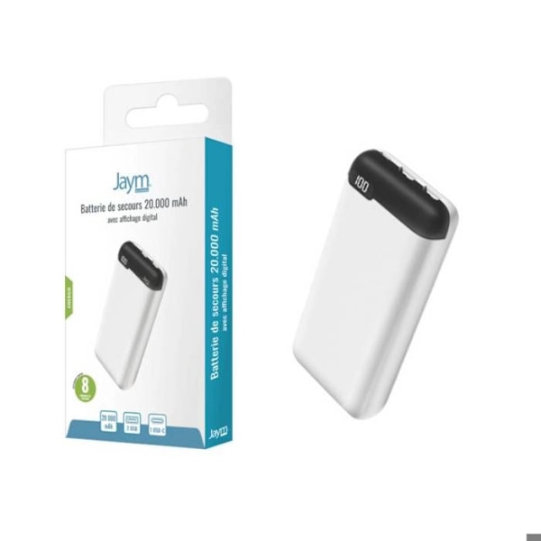 Nödladdare 20 000 mAh 2 USB-A / 1 USB-C med Digital Skärm Jaym Vit Vit