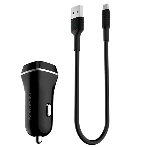 Biloplader - BOROFONE - 2 USB-porte - Lightning-kabel - Holdbart polycarbonat - Sort Svart