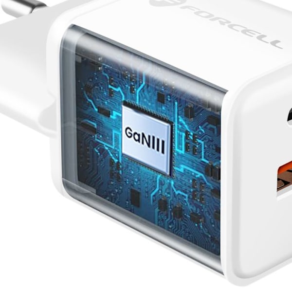Laddare Sektor GaN III 25W med USB-C + USB Mini Format Forcell Vit Vit