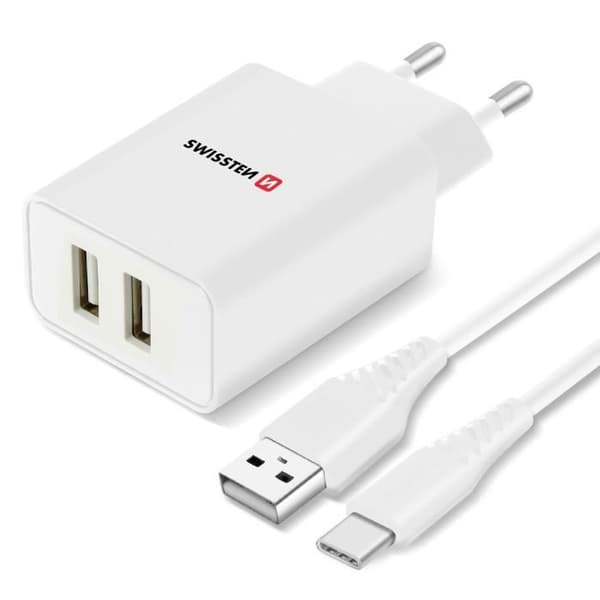 Dobbelt USB 2.1A Smart IC-netoplader + Swissten USB-C-kabel Hvid