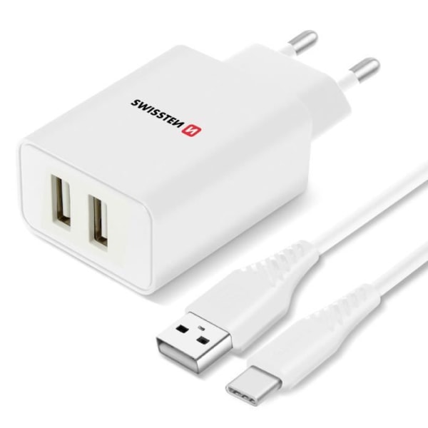 Dubbel USB 2.1A Smart IC-nätladdare + Swissten USB-C-kabel Vit