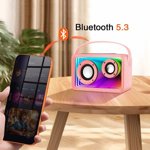 Karaoke højttaler - AVIZAR - Bluetooth - 2 mikrofoner - RGB LED lys - Lyserød Ros