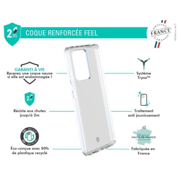 Xiaomi Redmi Note 12 Pro -vahvistettu kotelo FEEL Made in France Elinikäinen takuu Läpinäkyvä - 50% kierrätettyä muovia Force Case