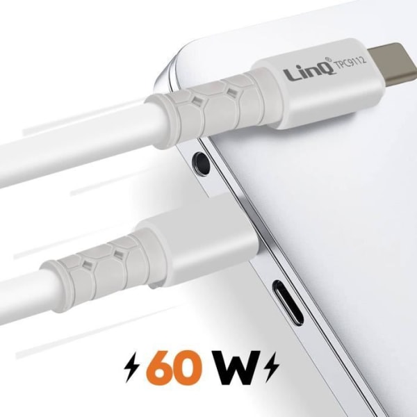 USB-C-kaapeli 60 W pikalataus MacBookille ja älypuhelimelle 1,2 m LinQ White