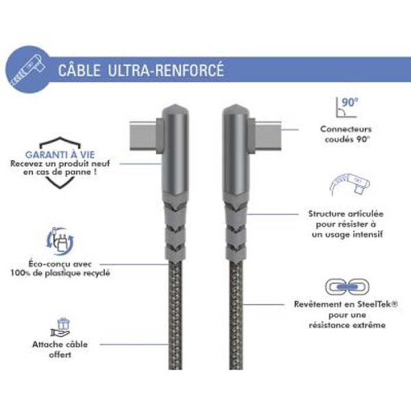 Ultraforstærket USB C/USB C vinklet kabel 2m 60W Grå - Force Power Livstidsgaranti