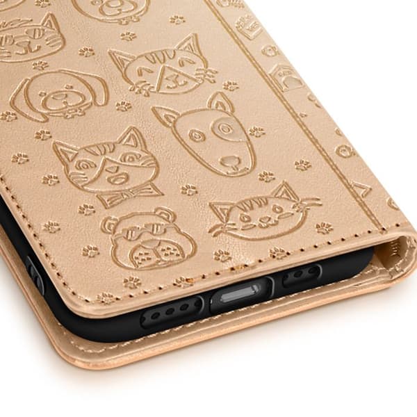 Hus til iPhone 16e Design Kat og Hund Lommebog Guld Gul