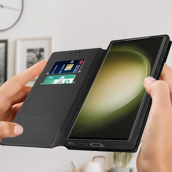 Suojakuori Samsung Galaxy S23 Ultralle - AVIZAR - Flip Card Holder Video Support - Musta svart
