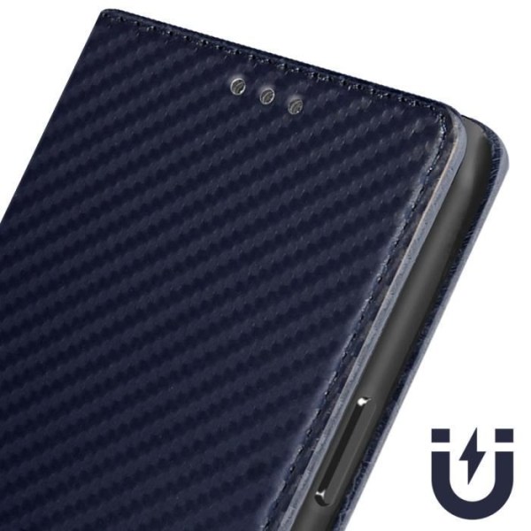 Cover til iPhone 15 Plus Carbon Effect Wallet Video Support Midnight Blue Blå