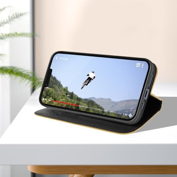 iPhone 14 etui Pungkortholder Videostøtte Tofarvet guld og sort