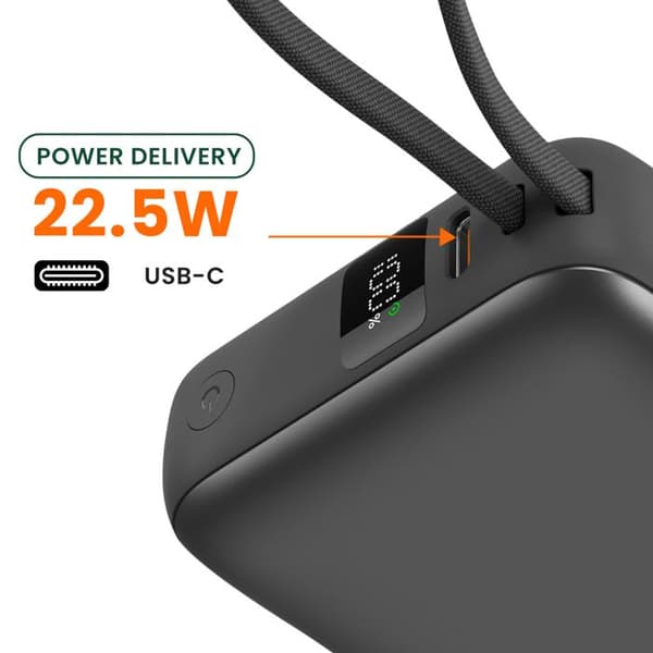 Extern batteri - AKASHI - 10000mAh - Snabb laddning 22.5W - USB-C och Lightning-kablar - LCD-display Grå