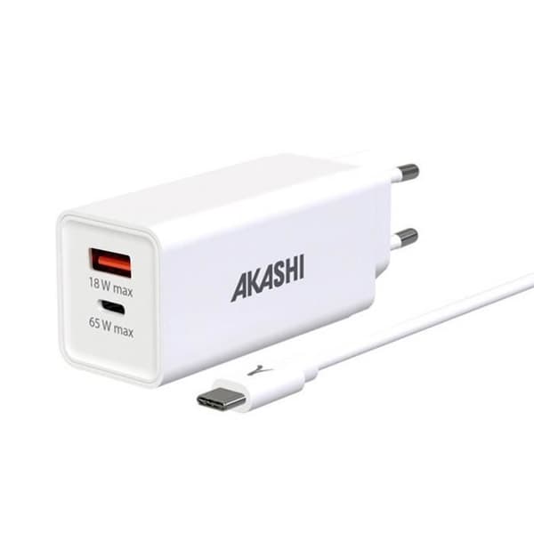 USB-C Oplader - AKASHI - 83W - USB-C 65W - USB 18W - 100W Kabel Inkluderet Vit