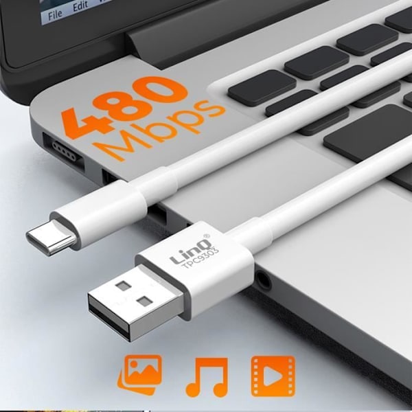 Kabel USB till USB typ C Charge and Synchro Snabbladdning 5A 3m LinQ Vit
