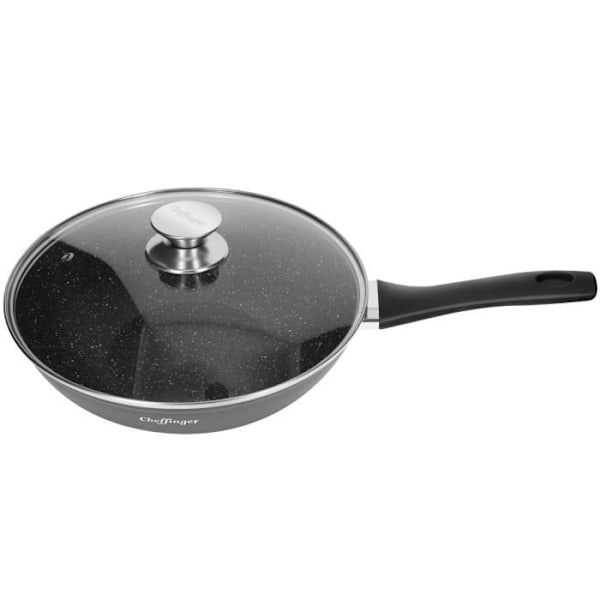 Wok 28 cm - Cheffinger - Marmorbeläggning - Glaslock - Ergonomiskt handtag - För alla värmekällor Transparent