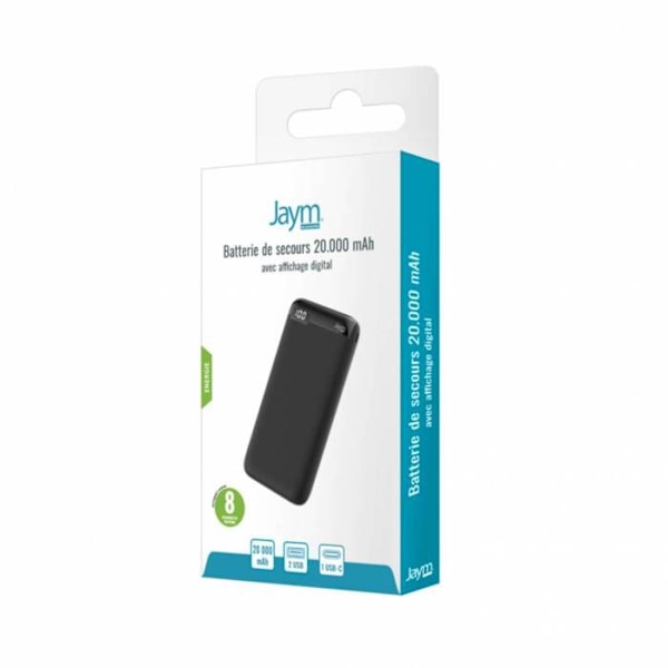 Nödbatteri 20 000 mAh 2 USB-A / 1 USB-C med digital skärm Jaym Svart Svart