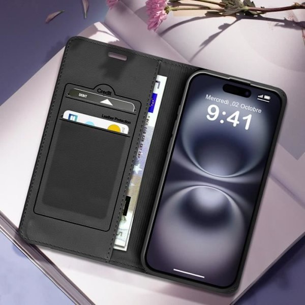 Foliofodral till iPhone 16 Plus - AVIZAR - Diamant - Korthållare - Videostöd - Svart Svart