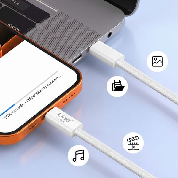 USB-C til USB-C PD 60W Hurtig Opladning 1m med SIM Udstikker Inkluderet LinQ Hvid Vit