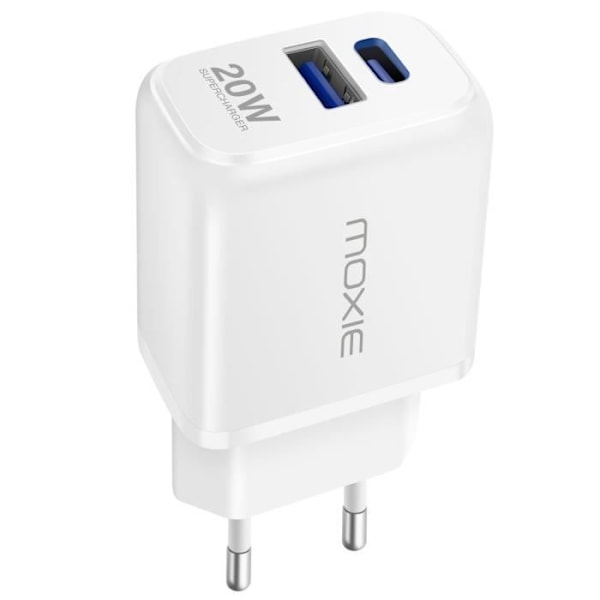 Vægoplader USB og USB C Power Delivery 20W Hurtig Opladning Moxie Hvid Vit
