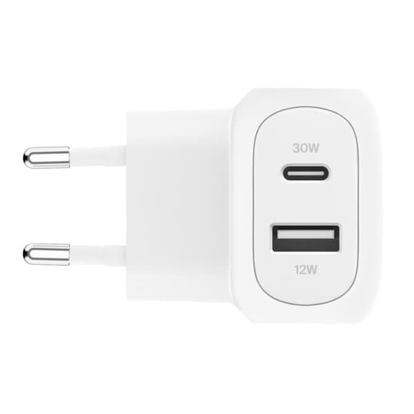 Strømadapter - Belkin - BoostCharge - USB-C Power Delivery 30W - USB 12W - Kompakt og let Vit