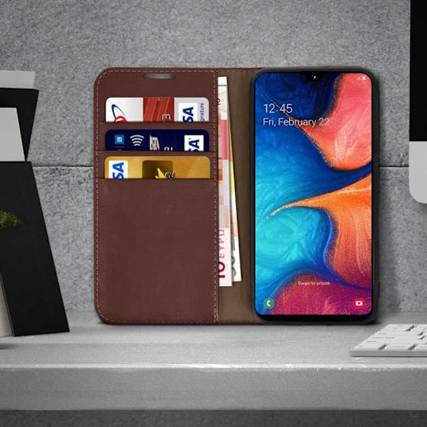 Foliofodral - AVIZAR - Galaxy A20e - äkta läder - kortfack - videostöd - mörkbrun Mörkbrun