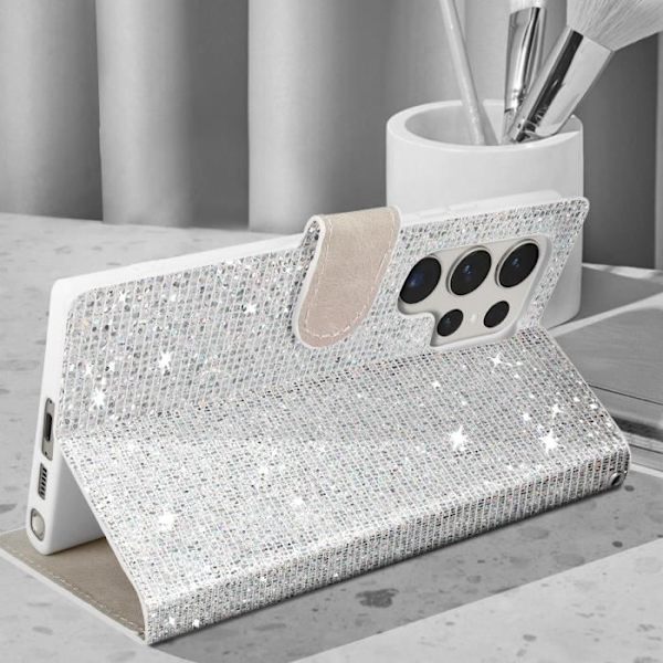 Taske til Samsung S23 Ultra - AVIZAR - Glitter Disco - Wallet Video Support Grå